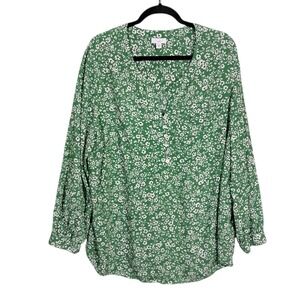 J. Jill Womens Sz 2X Floral Print Popover Blouse Green Office Flowy Long Sleeve